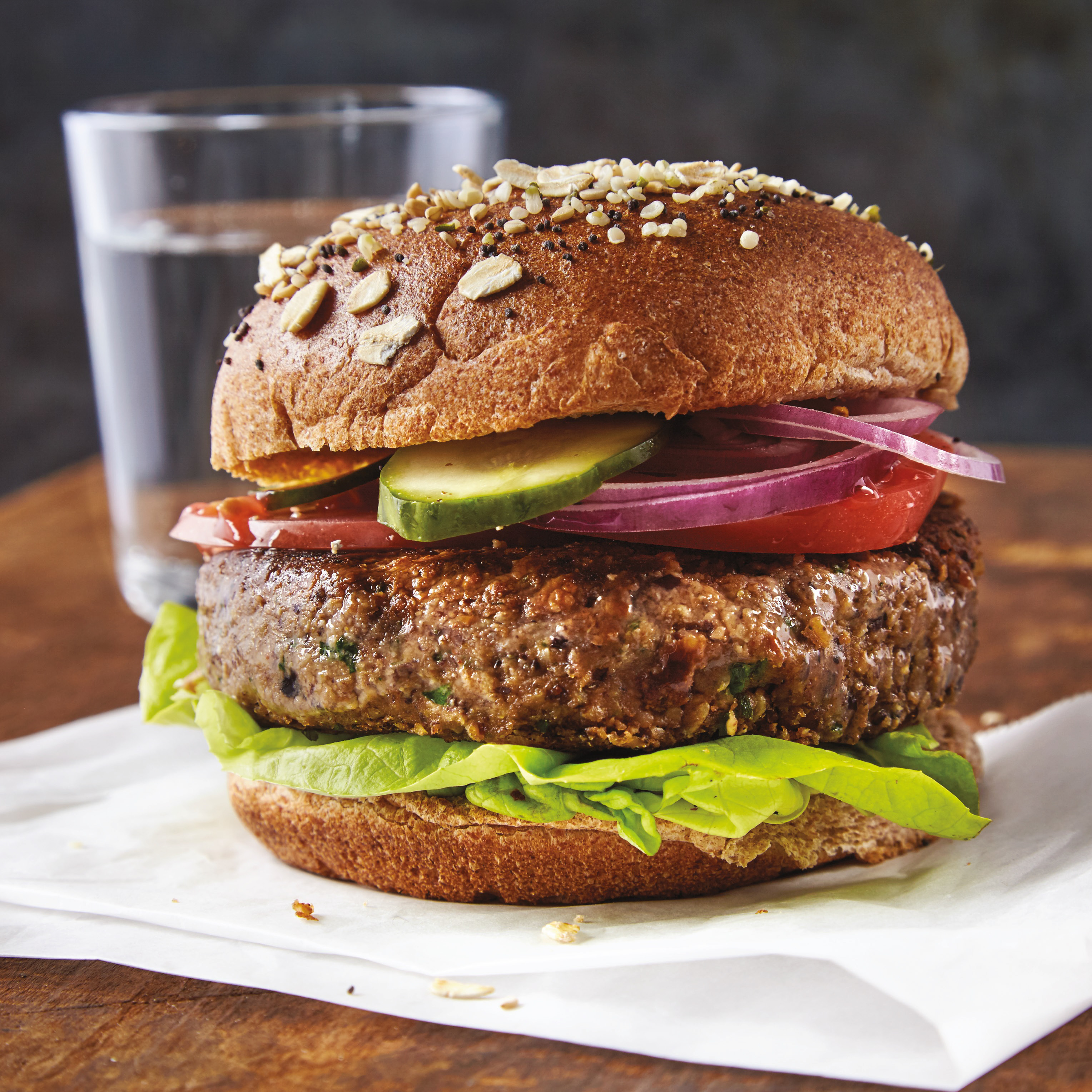 black bean burger on a seeded bun